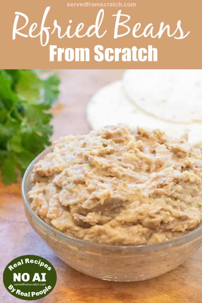 a bowl of refried beans with Pinterest pin text and NO AI sticker.