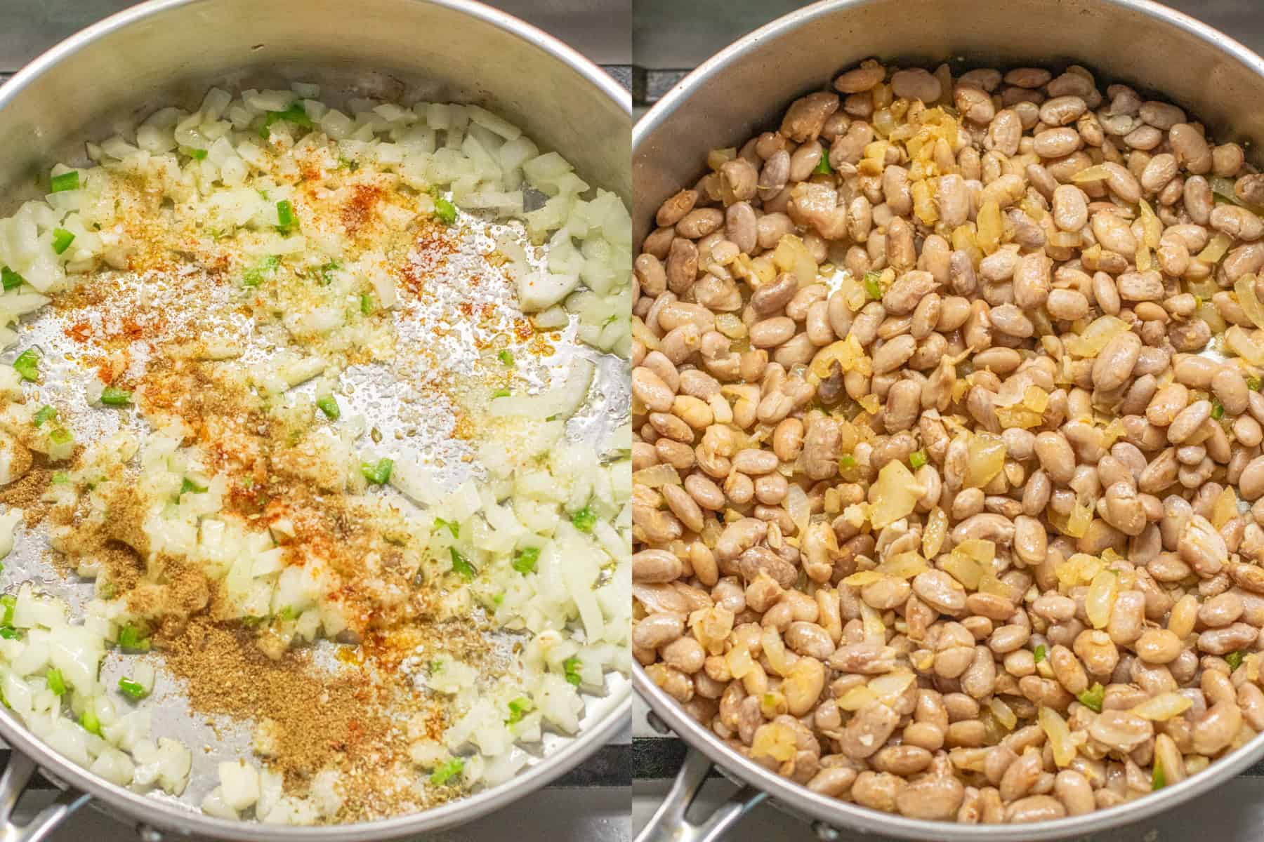 a pan with onion and jalapeno and spices and then with beans.