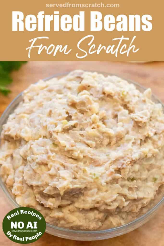 a bowl of refried beans with Pinterest pin text and NO AI sticker.