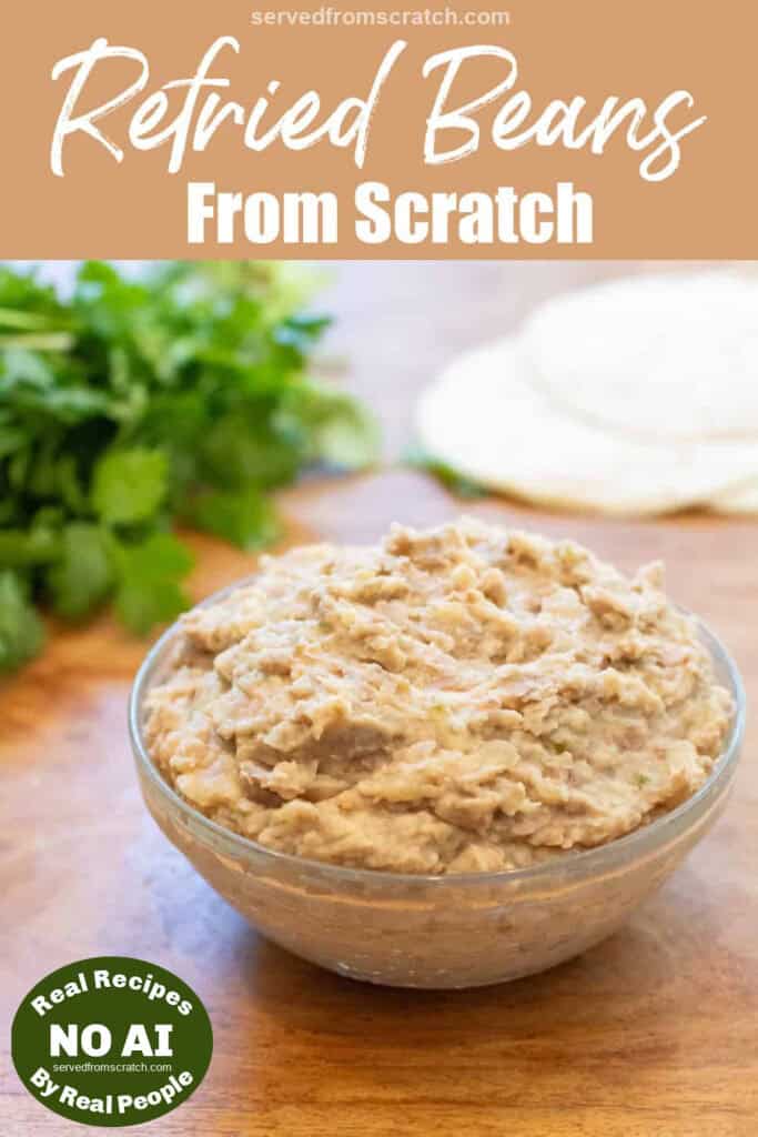 a bowl of refried beans with Pinterest pin text and NO AI sticker.
