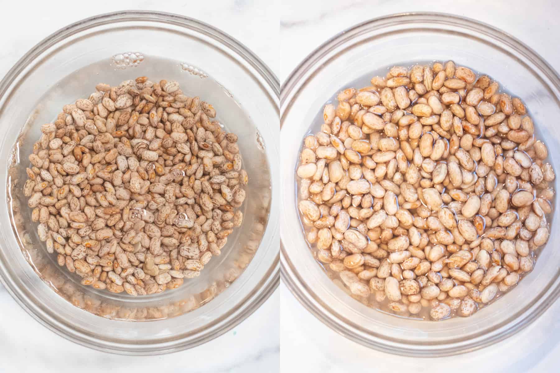 a bowl of dried pinto beans and a bowl of the beans soaked.
