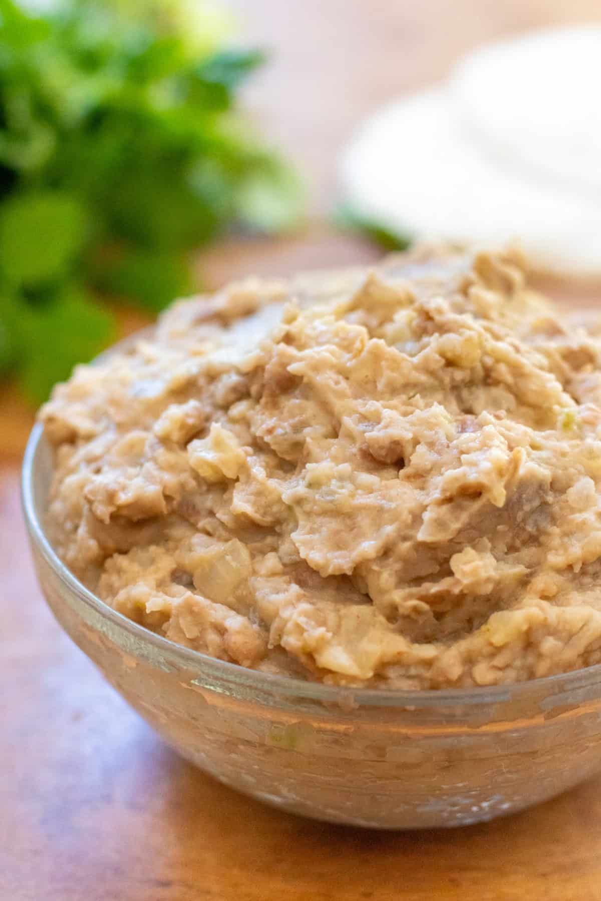 a bowl of refried beans.