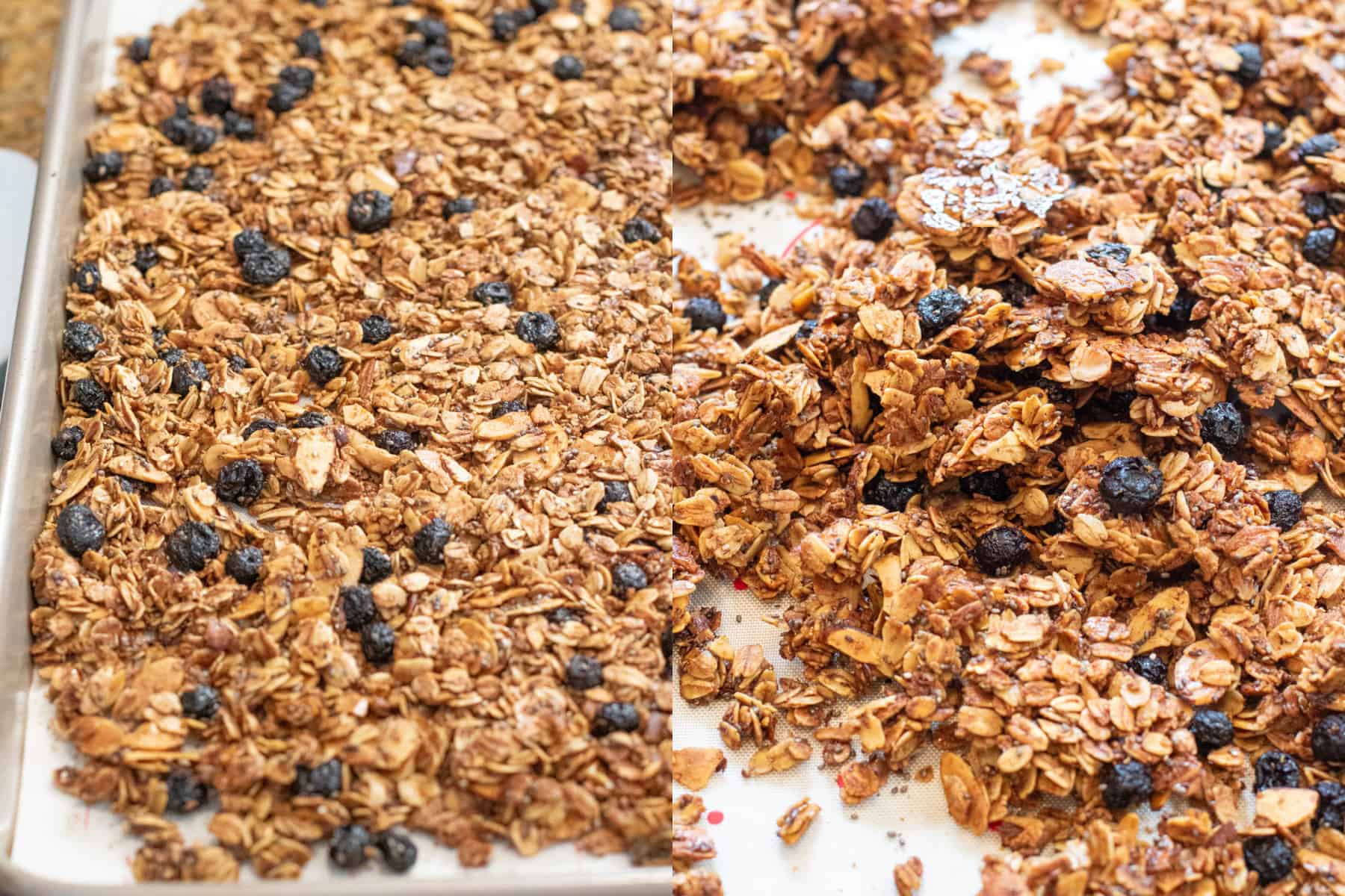 a picture of a tray of baked granola and then a 2nd picture of it all broken up.