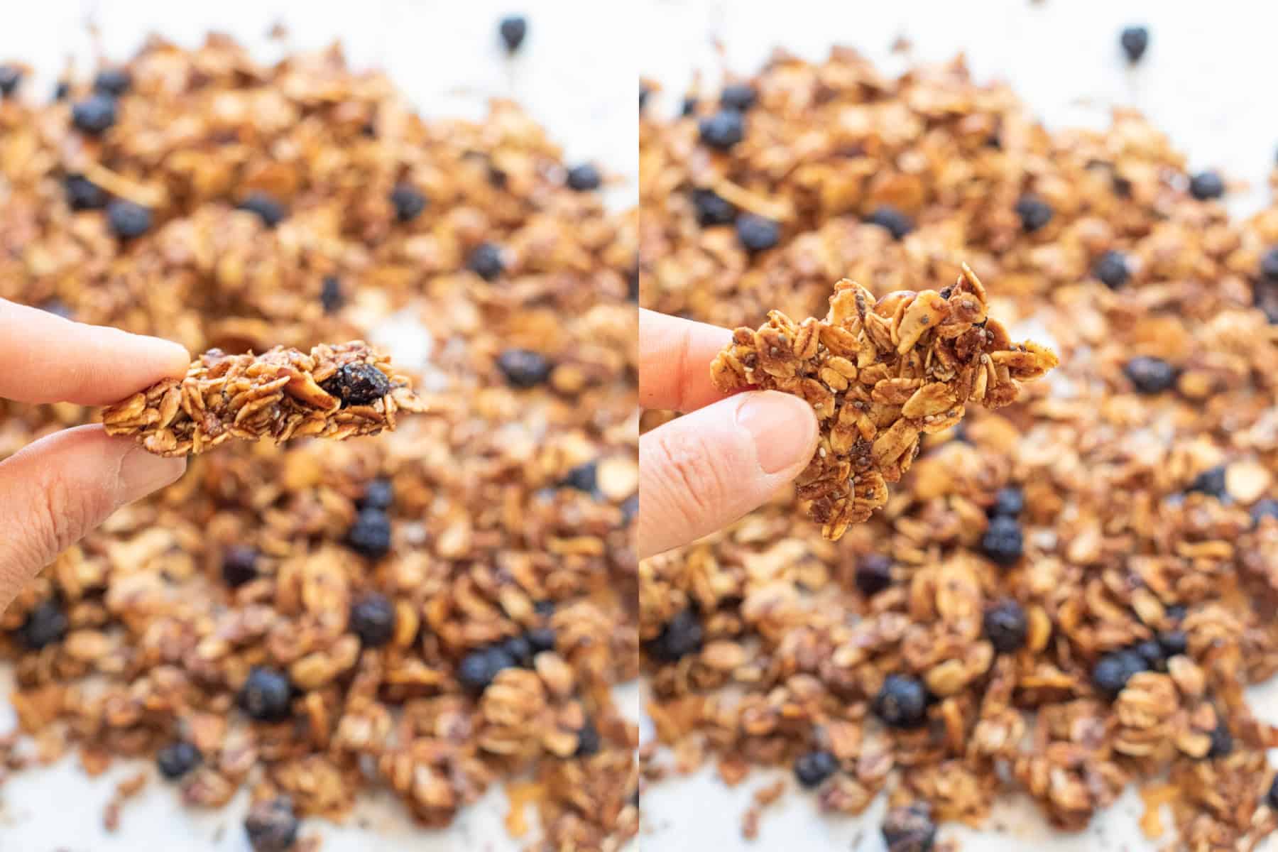 a picture of granola with a hand in front holding a cluster and a second picture and then it turned.