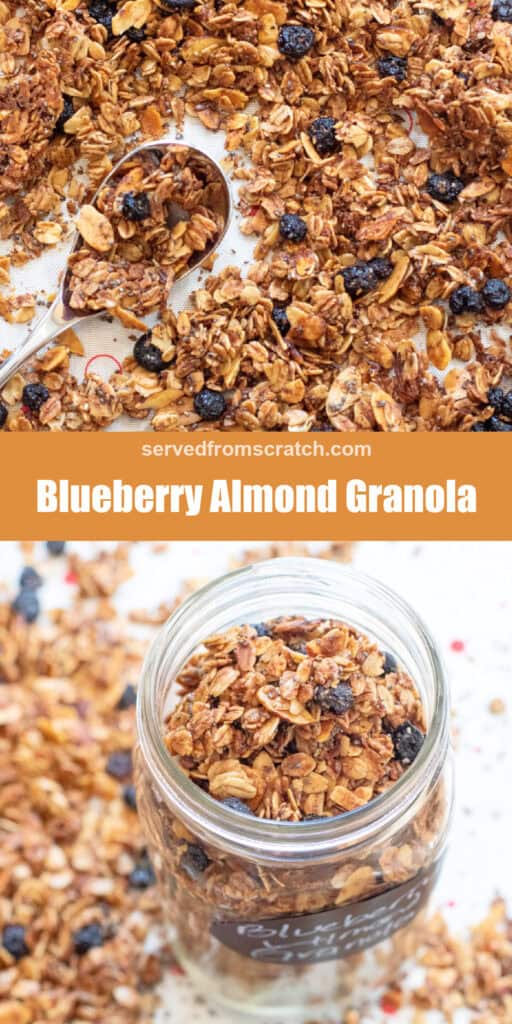 a tray of baked granola with a spoon with Pinterest pin text and a mason jar full of it.
