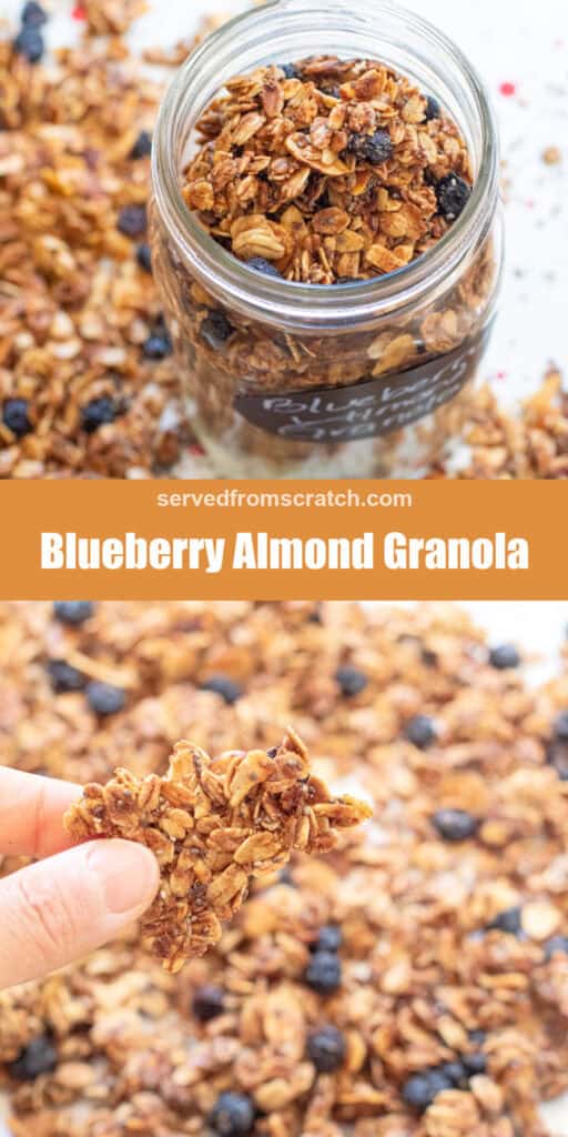 a jar of granola Pinterest pin text and then a hand holding a granola cluster.