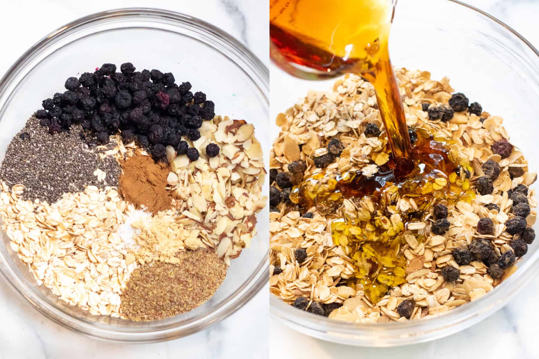a picture of a bowl of oats, blueberries, chia seeds, flax, and almonds and then a Pyrex pouring maple syrup into the mixed bowl.