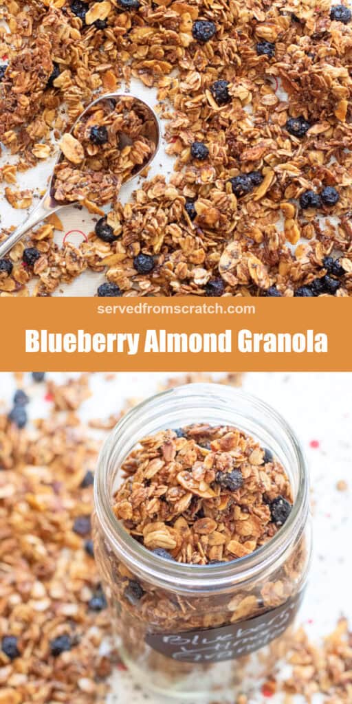 baked granola with dried blueberries on a tray with a spoon with pinterest pin text and a jar of it.