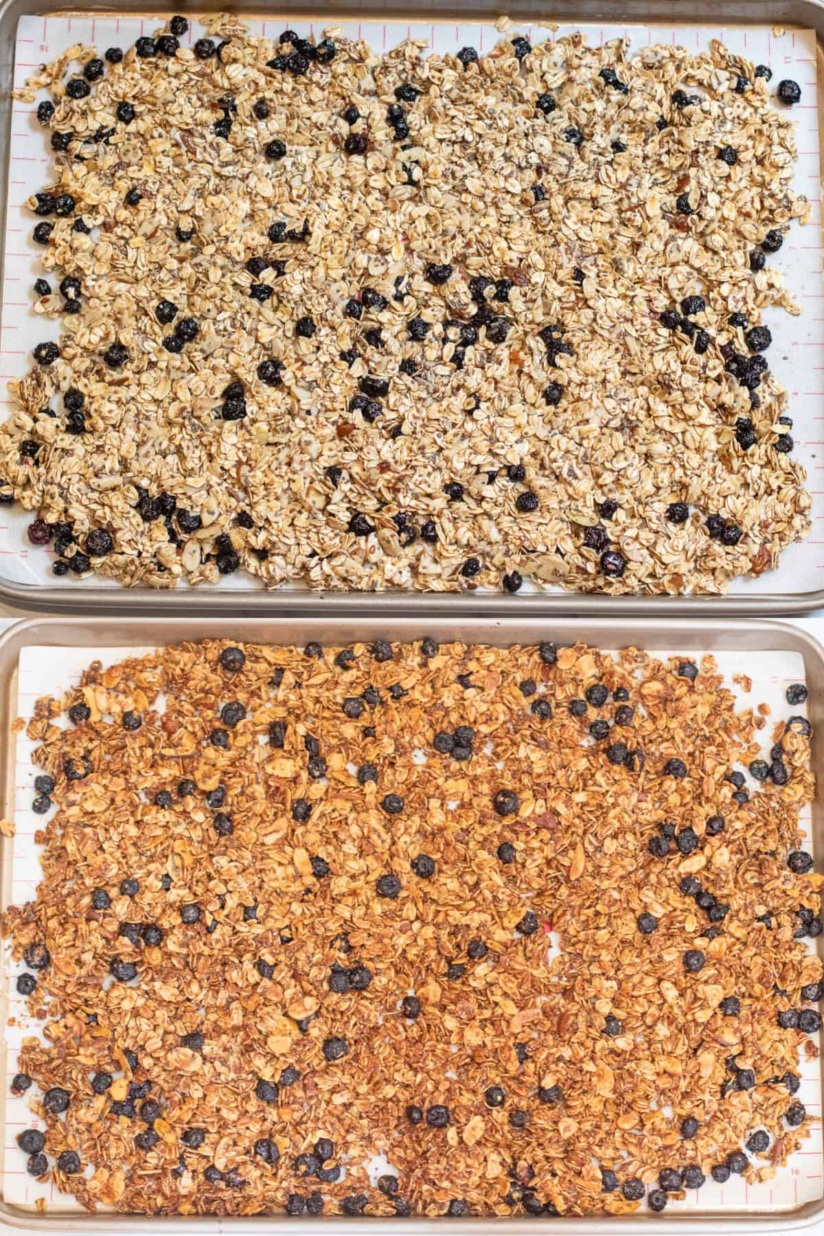 two pictures of granola on a baking tray one baked and one not.
