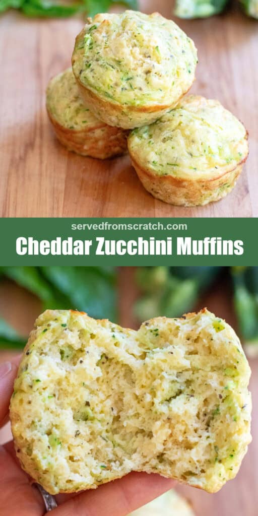 two zucchini muffins, Pinterest pin text, and then a hand holding a muffin in half.
