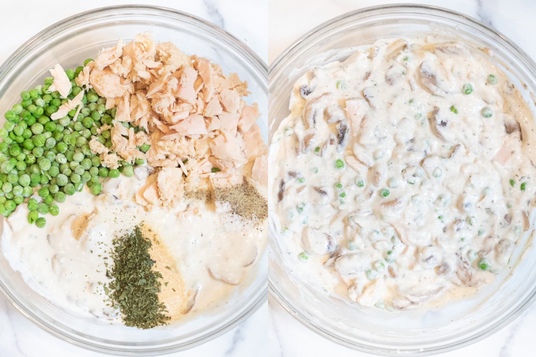 two bowls, one of mushroom soup, peas, tuna, and spices an the 2nd mixed.