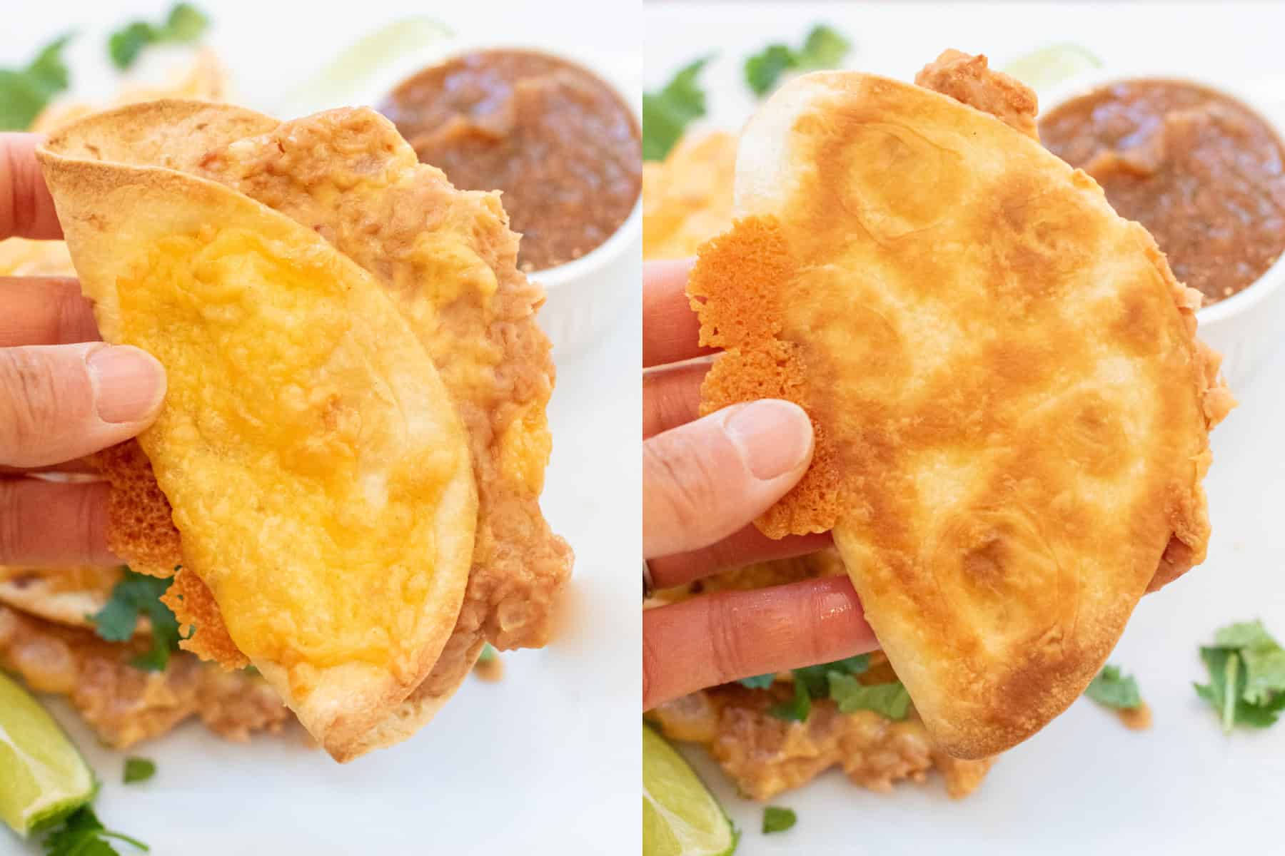 two pictures of a hand holding a crispy taco one picture on each side.