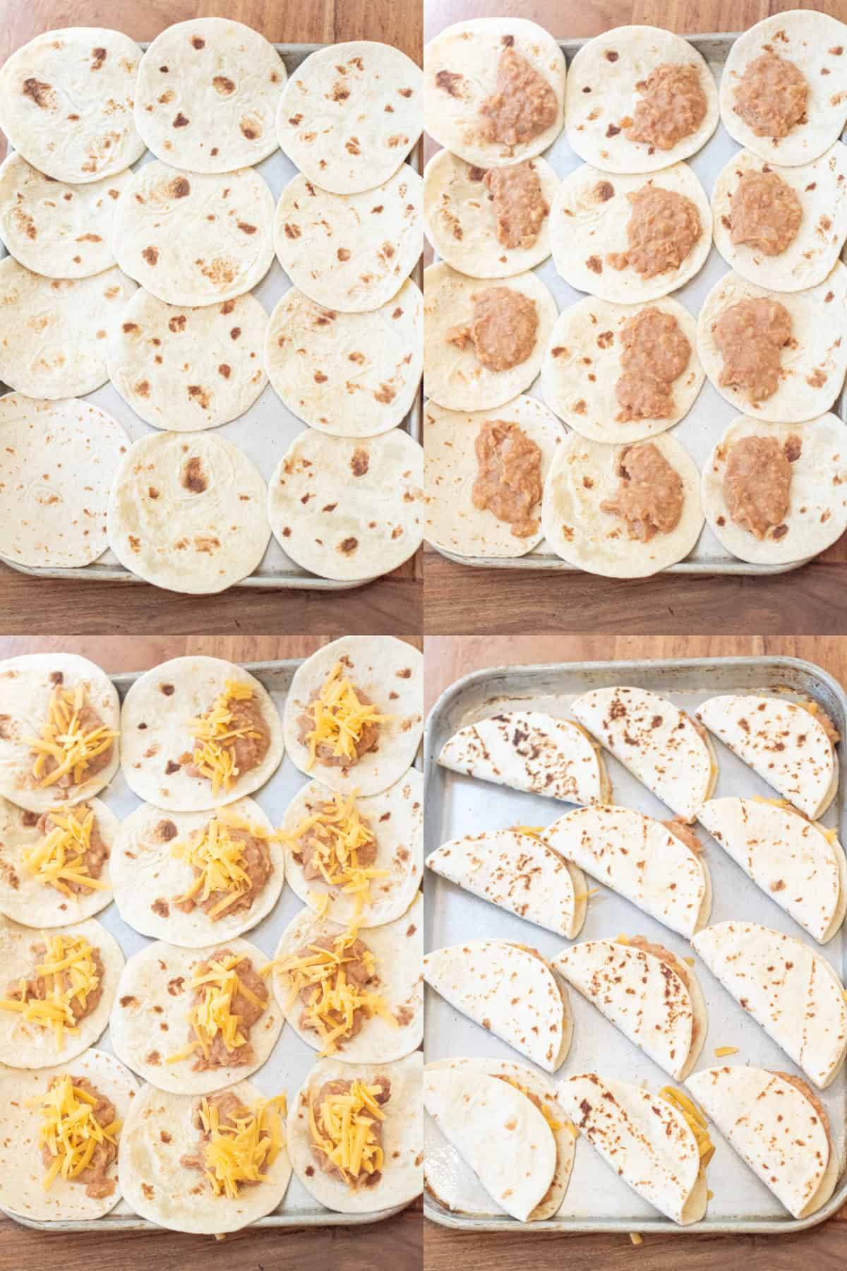 4 pictures of trays one with flour tortillas, then with beans, with cheese, and folded closed.