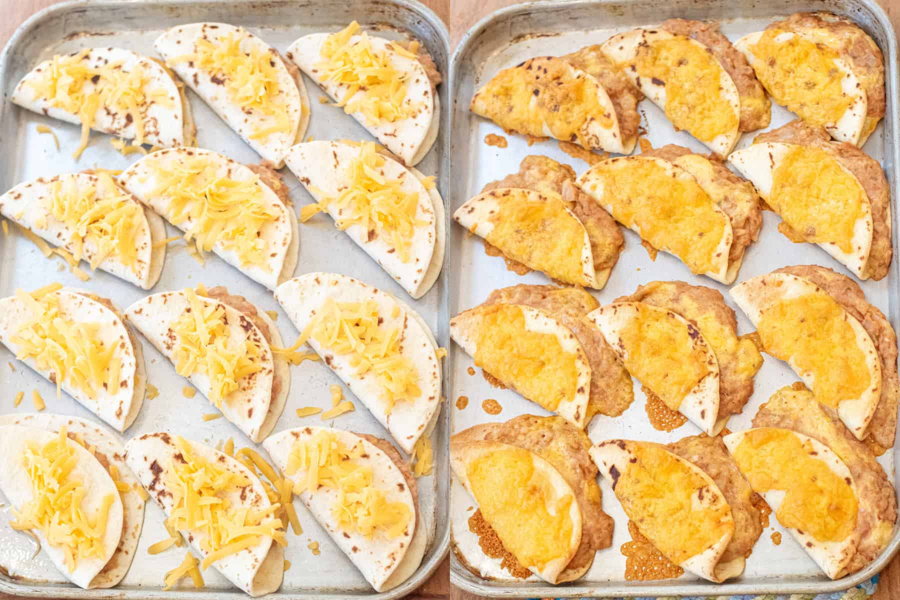 two trays of tacos one with cheese and then with them baked crispy.