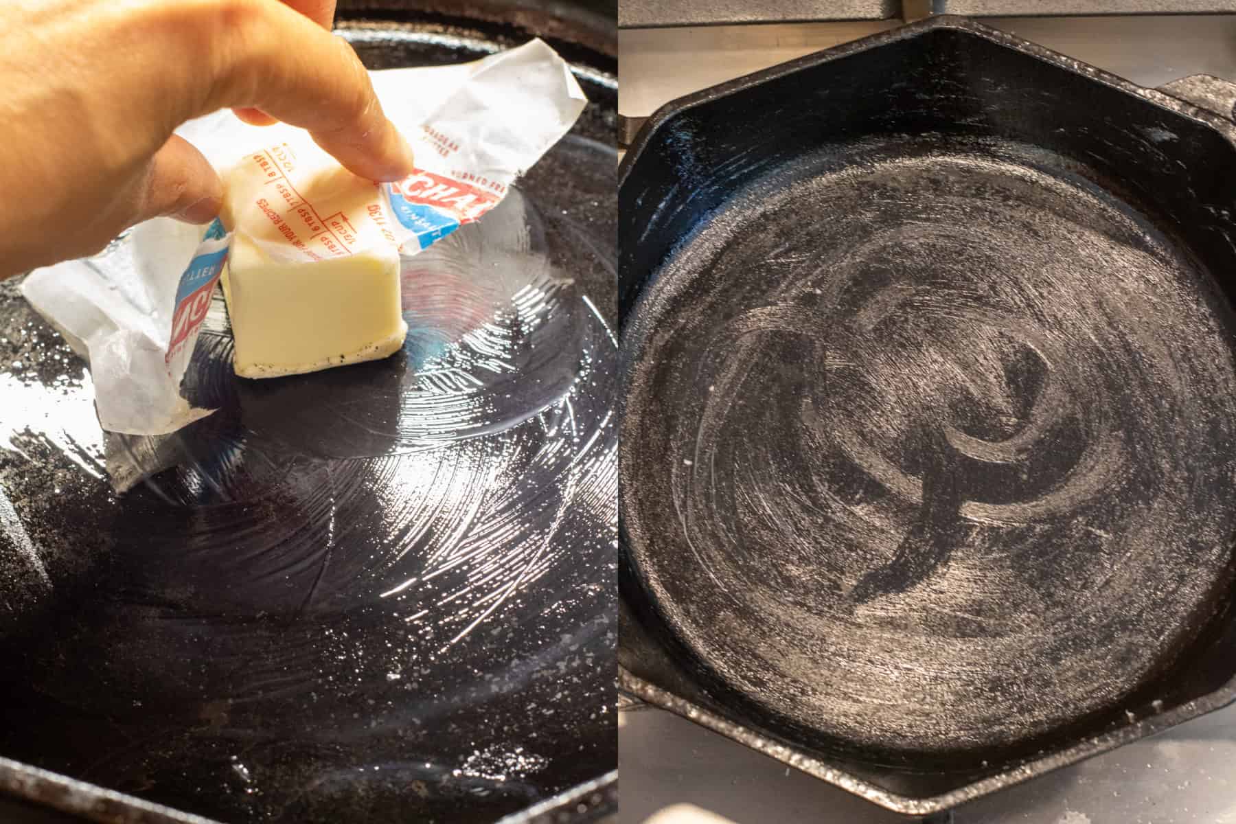 two pictures of a cast iron skillet, one with a hand a some butter and then it all greased.