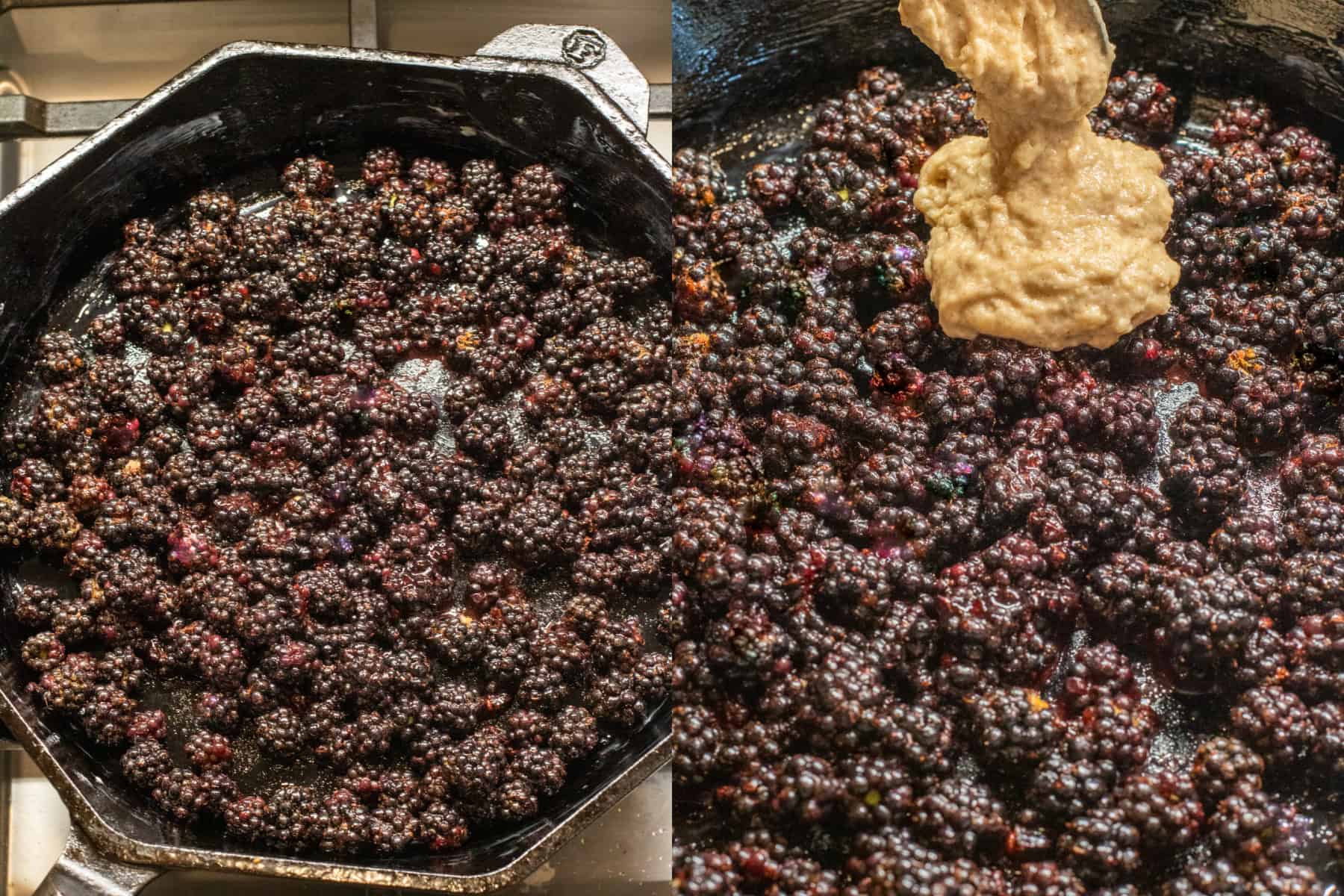 two pictures of blackberries in a cast iron skillet and then a spoon with batter on the blackberries.