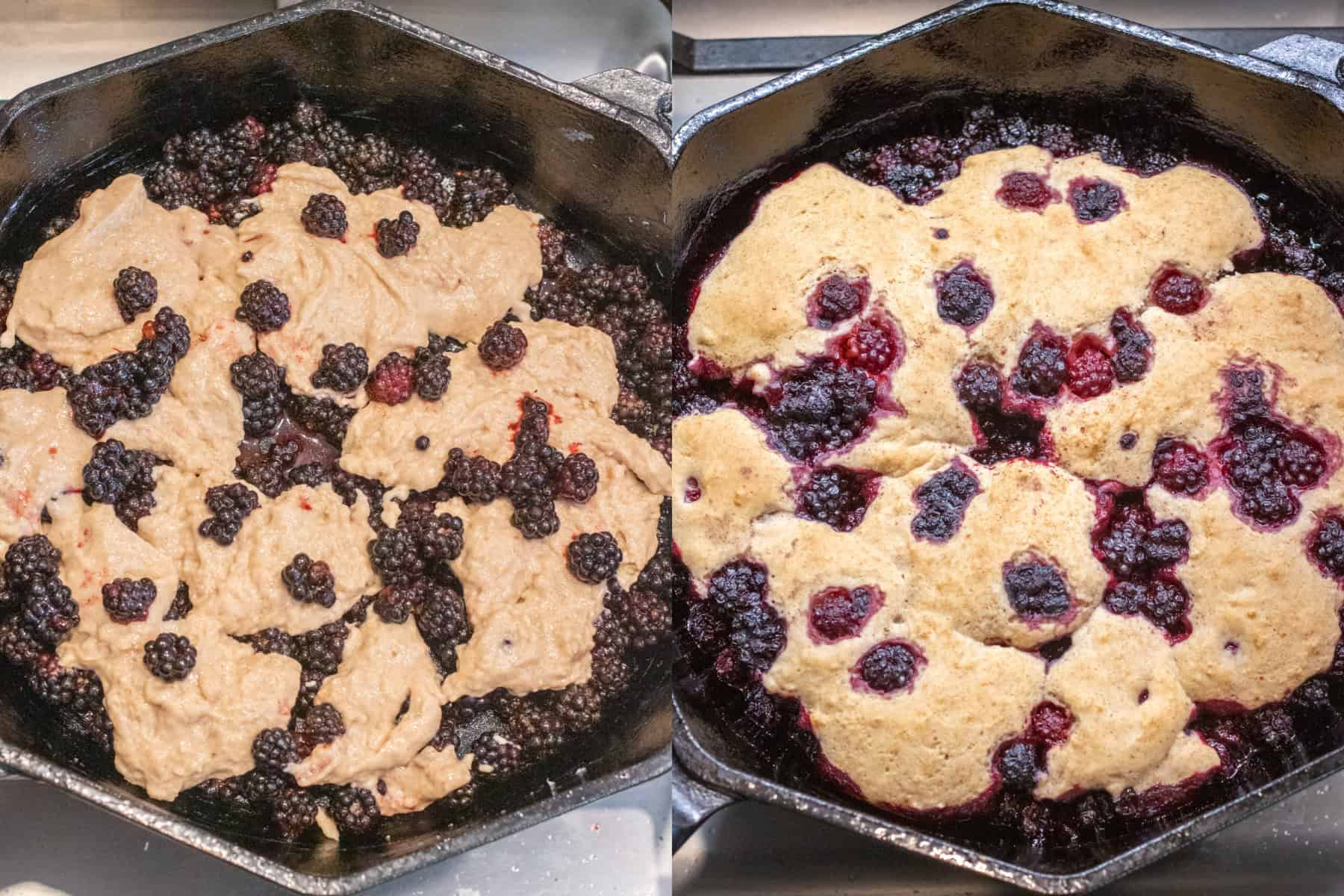 two pictures of an uncooked cobbler and then a baked cobbler in a cast iron skillet.