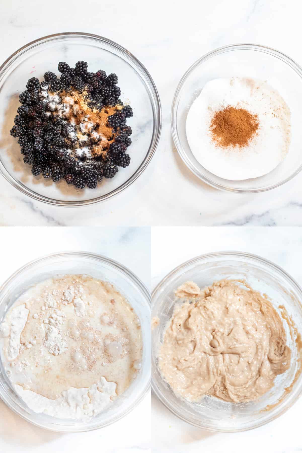 picture with 4 bowls, one with berries topped with spices, flour with cinnamon, and then bowls of the flour with milk added then mixed into a batter.