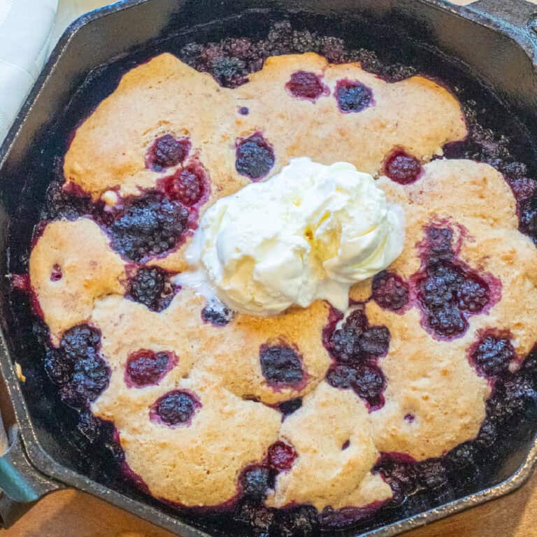 blackberry cobbler in a skillet with vanilla ice cream on top.