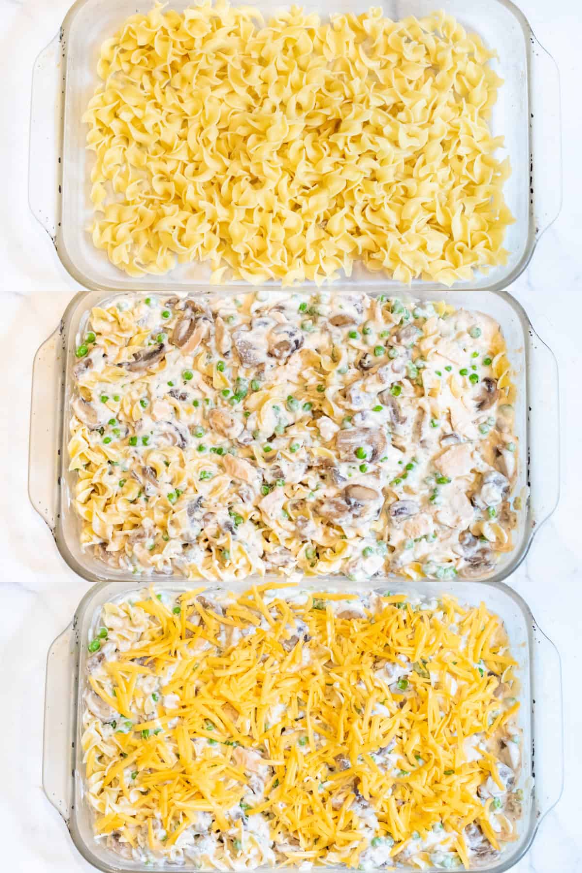 3 pictures of a cassrole dish with cooked noodles, then mixed with a soup and pea mixture, then topped with cheddar cheese.