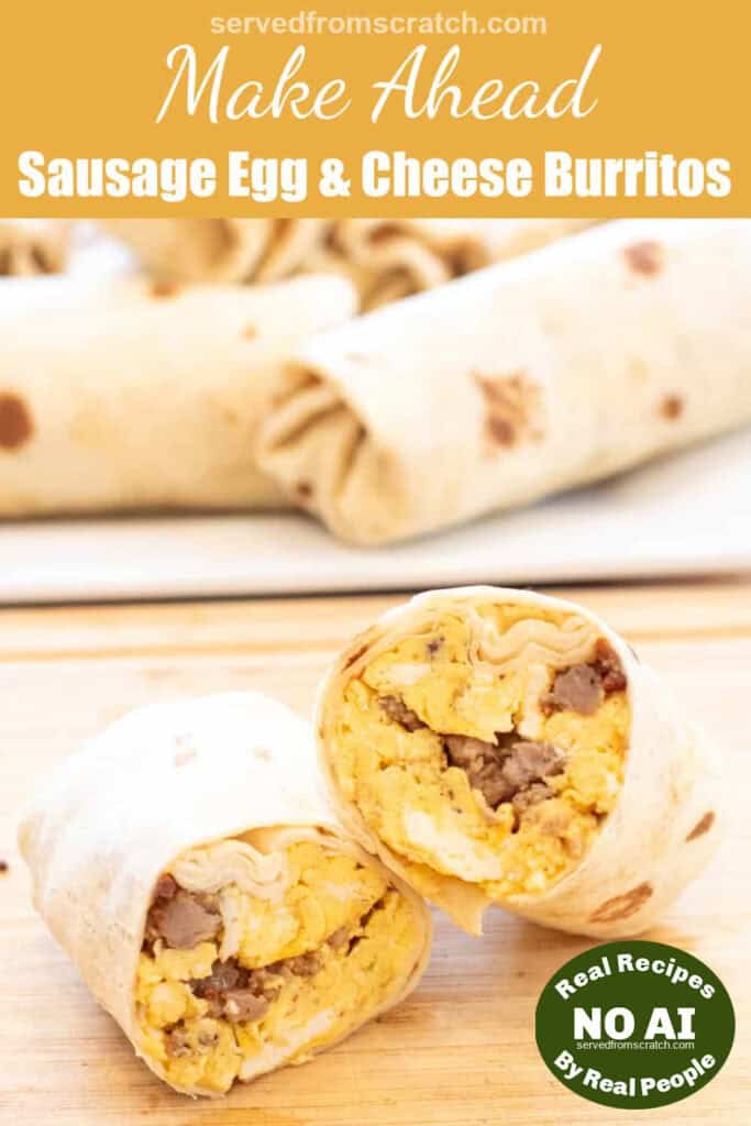 a halved egg and sausage breakfast burrito with Pinterest pin text and a NO AI sticker.