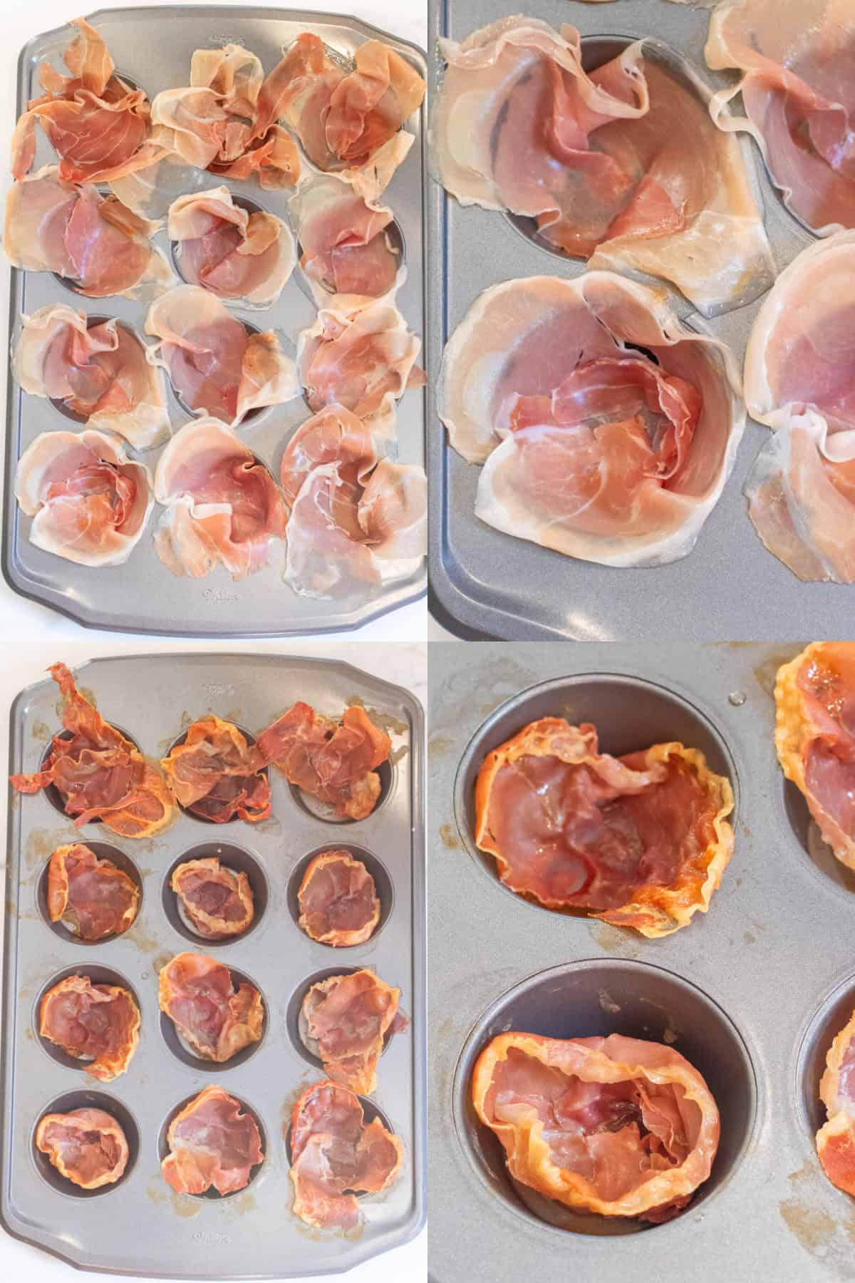 4 pictures of a baking tray one of the full baking tray with raw prosciutto then a close up, then the full tray of it all baked and then a close up.  