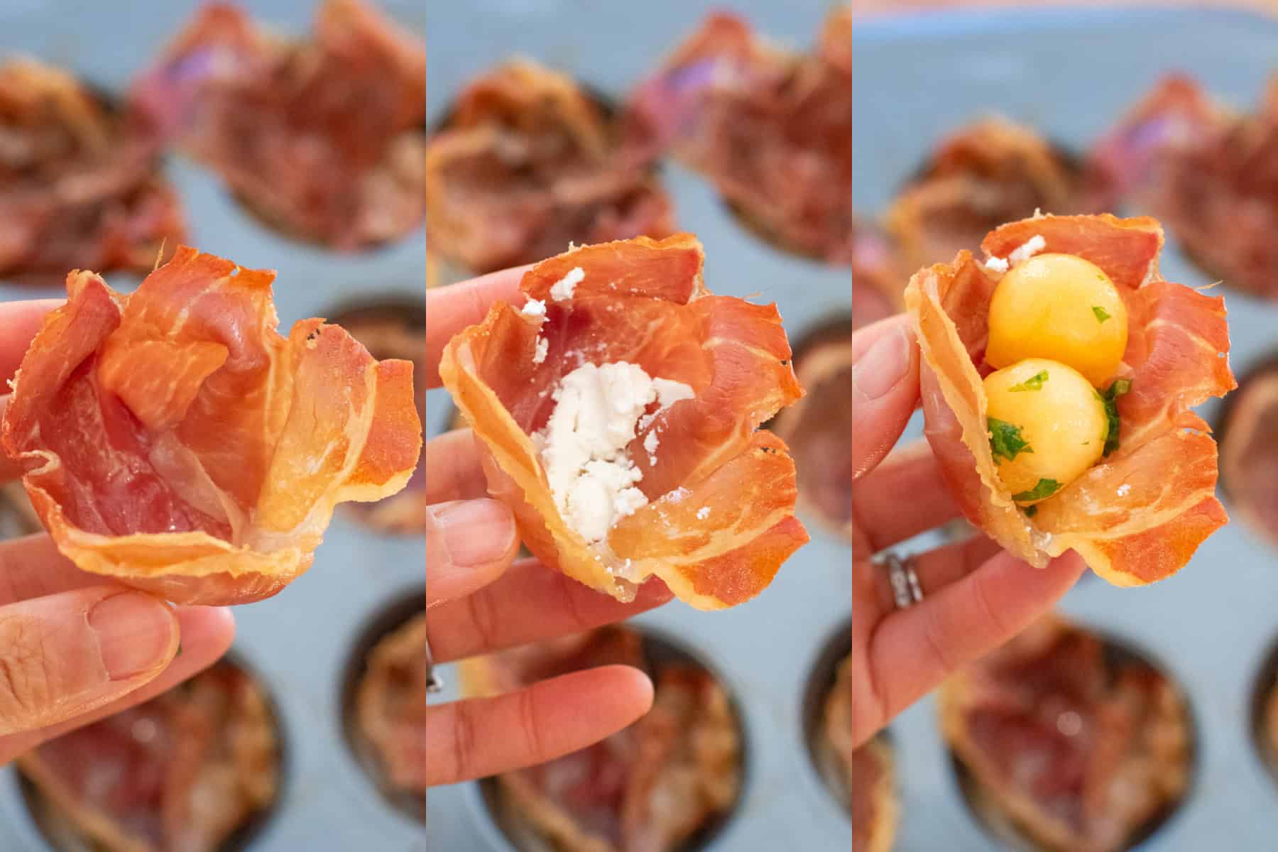 3 pictures of a hand holding a baked prosciutto cup, it with some cheese, and then with two melon balls. 