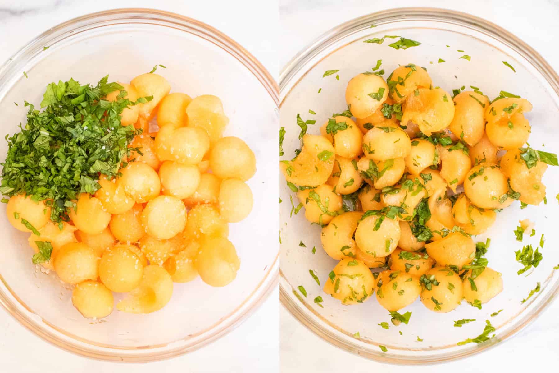 two bowls, one with balled melon and basil and the other with it all mixed.