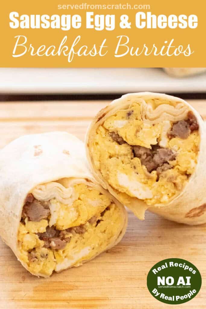 a halved egg and sausage breakfast burrito with Pinterest pin text and a NO AI sticker.