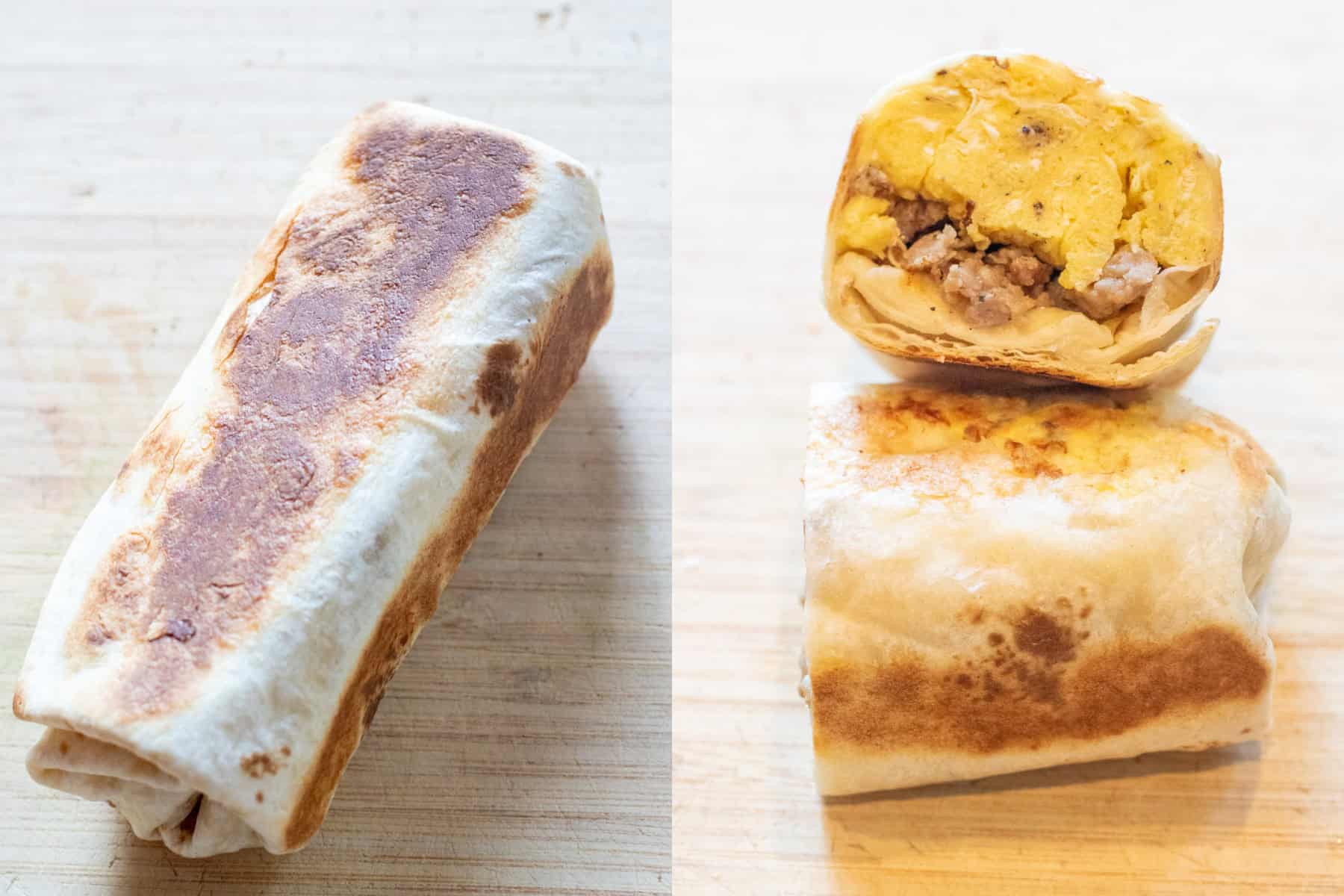 a crispy burrito next to it halved and filled with egg and sausage.
