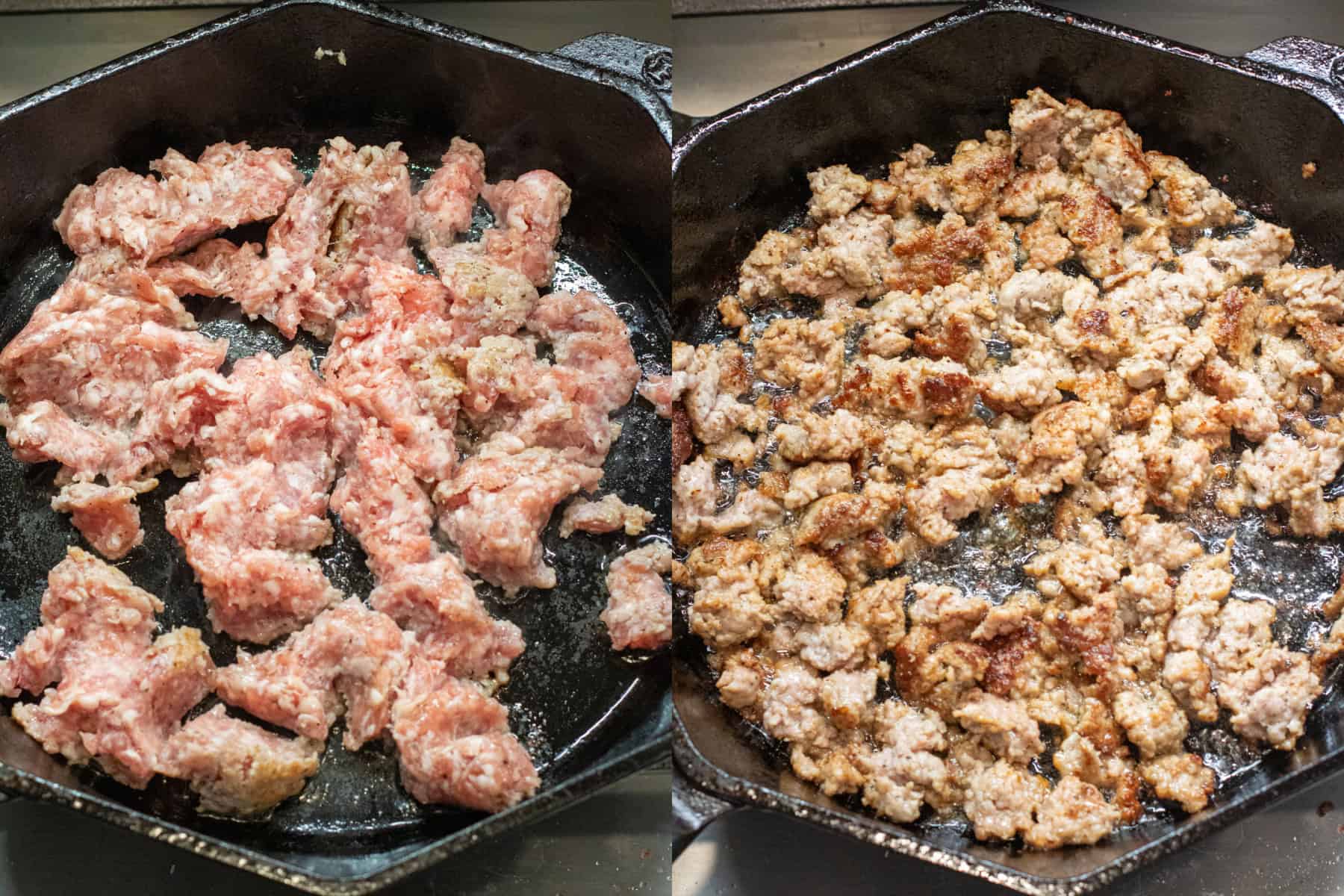 two pictures of cast irons one with crumbled raw sausage and then with cooked sausage. 