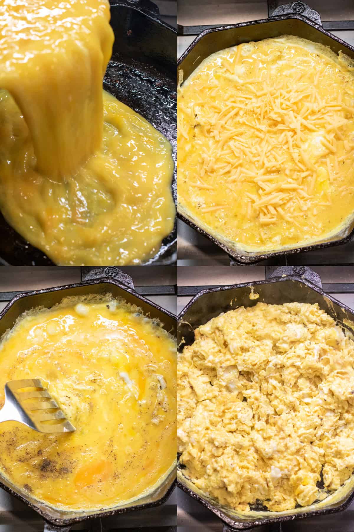 4 pictures, eggs pouring into a cast iron pan, cheese added, a spatula mixing them, and then all of the eggs scrambled. 