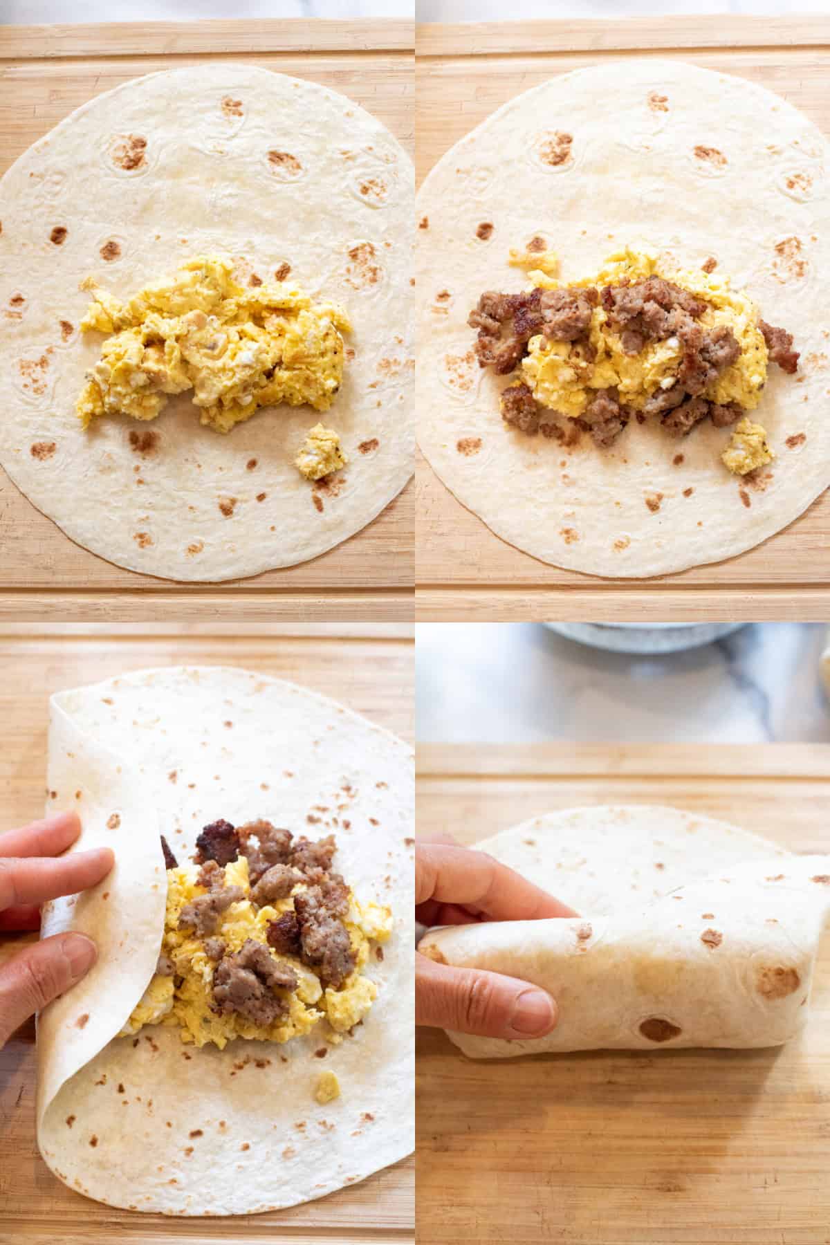 four pictures one with tortilla with scrambled eggs, one with sausage on top, then the side wrapping a side over and then it being rolled up.