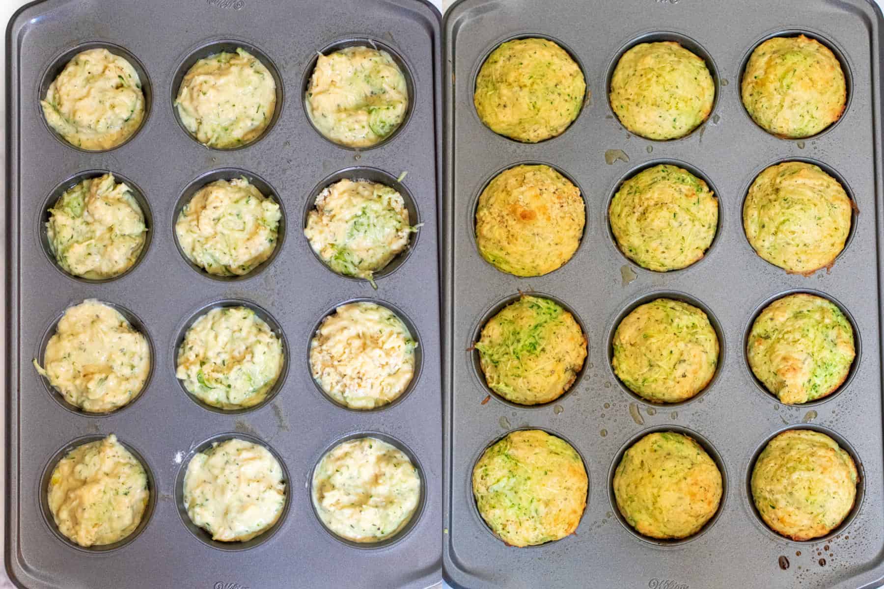 two muffin tins, one with dough and one with baked muffins.