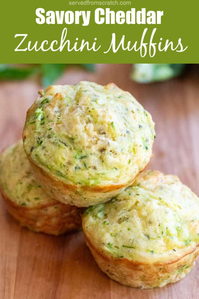 3 zucchini muffins stacked with Pinterest Pin text.