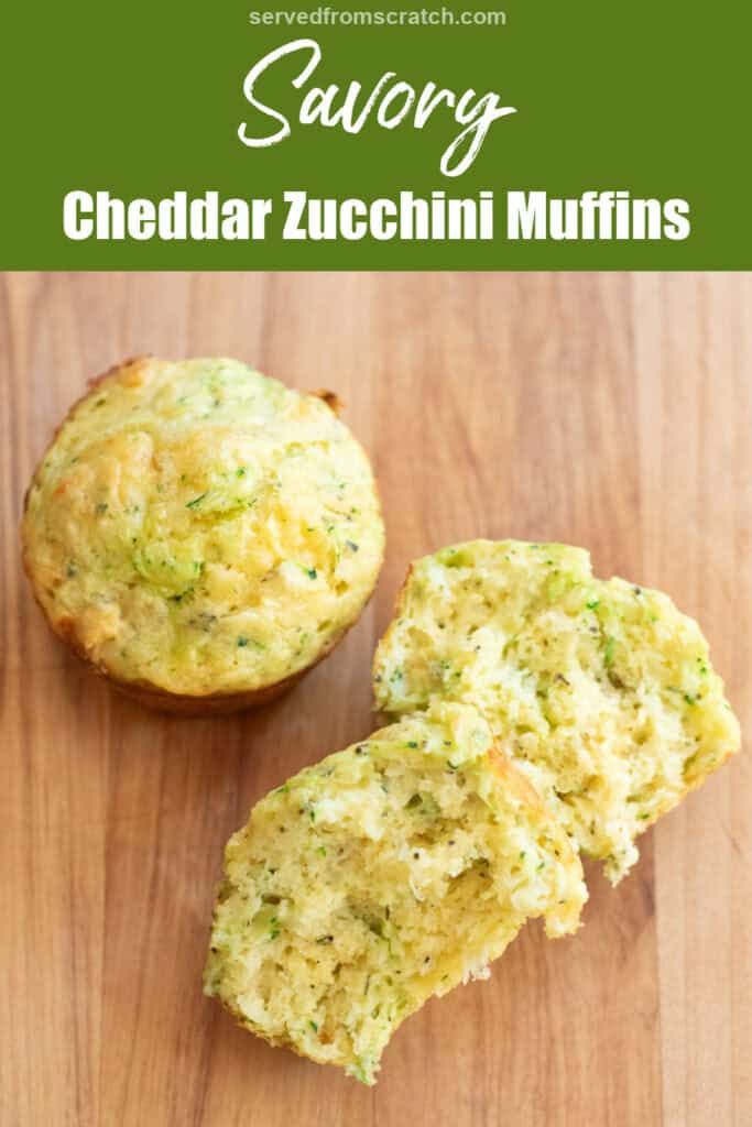 a muffin next to a halved muffin on a cutting board with Pinterest pin text.