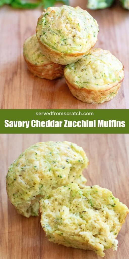 two zucchini muffins, Pinterest pin text, and then a muffin in half.