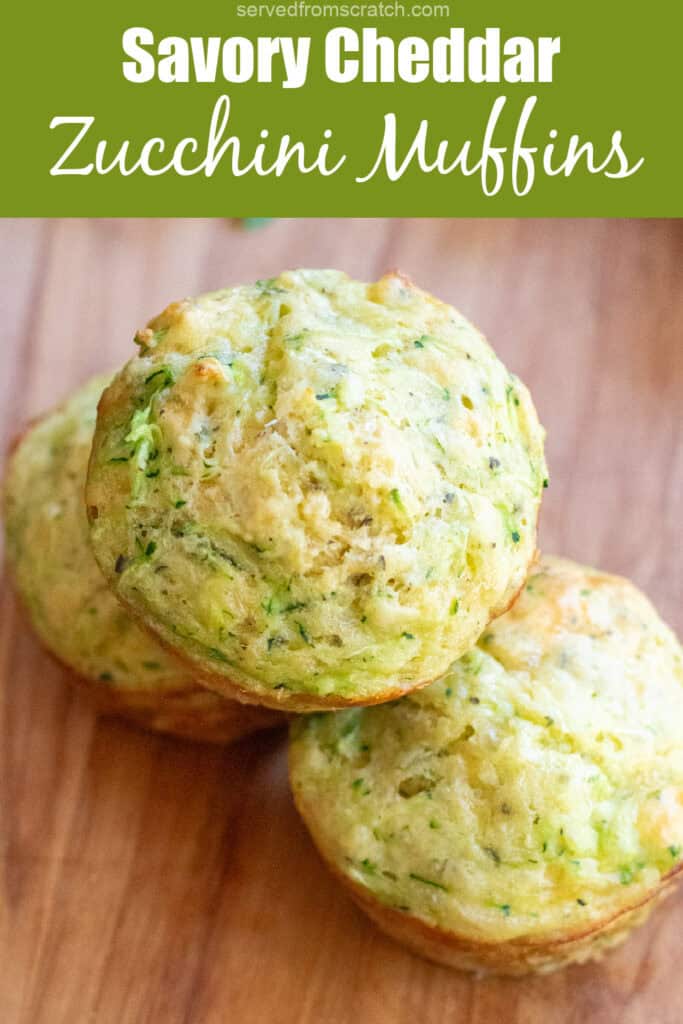 3 zucchini muffins stacked with Pinterest Pin text.