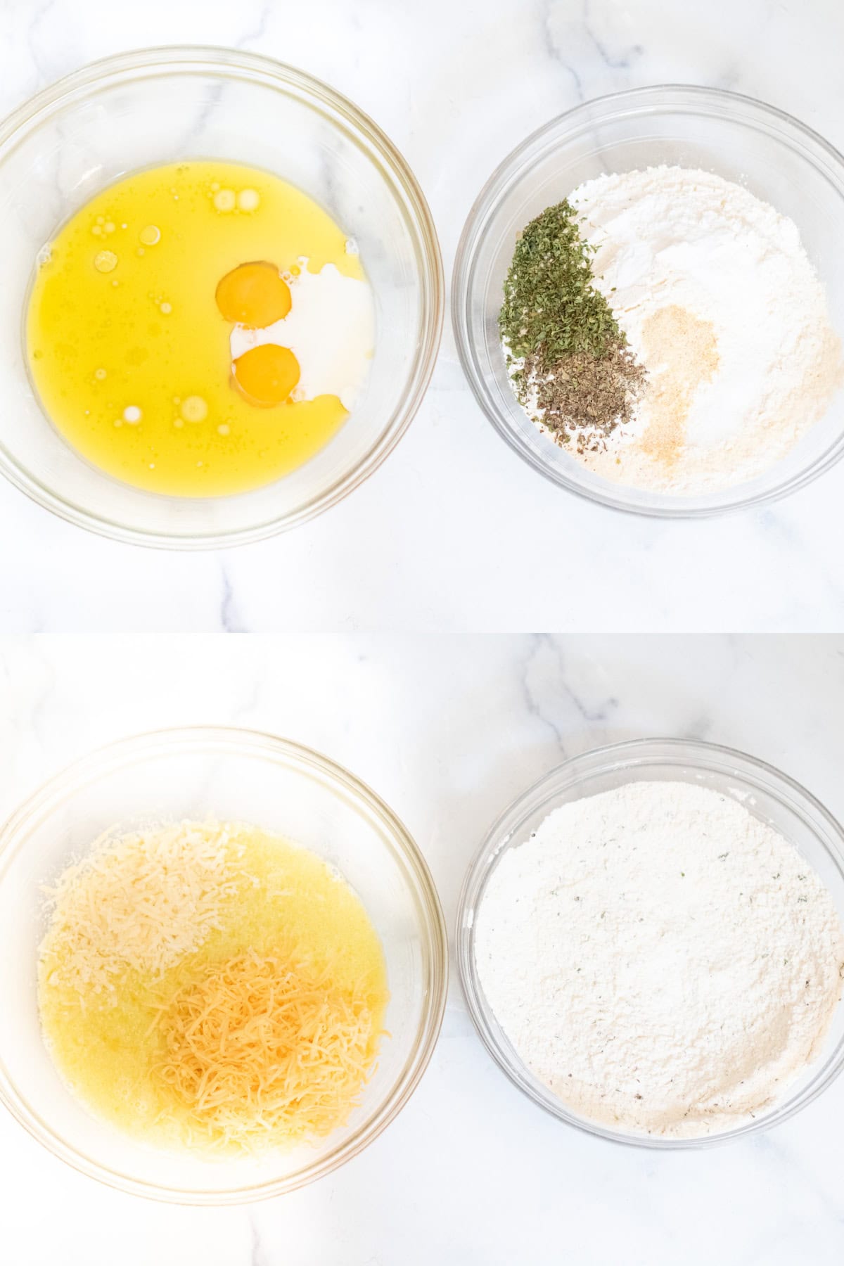 two pictures of 4 bowls, two with eggs and oil and milk and then with flour and herbs and then both mixed and one with shredded cheese.