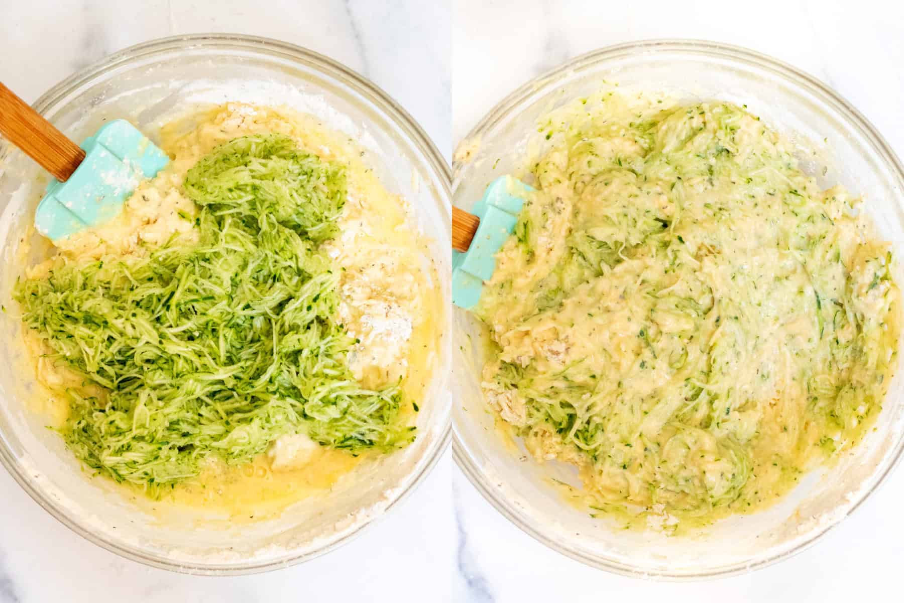 a bowl of mixed eggs and liquids with shredded zucchini and then it all mixed.