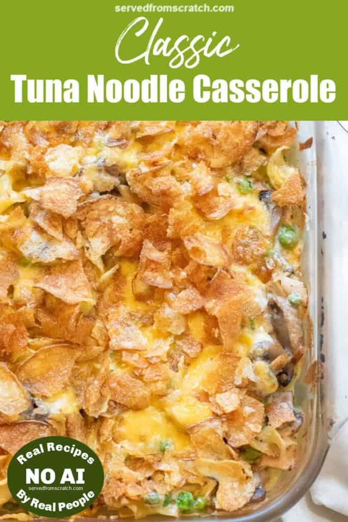 a spoon in a casserole with potato chips and peas, mushrooms, noodles, and tuna with Pinterest pin text with NO AI sticker.