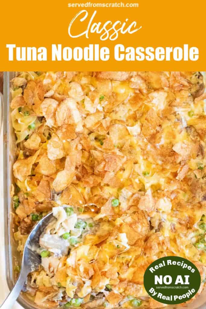 a spoon in a casserole with potato chips and peas, mushrooms, noodles, and tuna with Pinterest pin text with NO AI sticker.