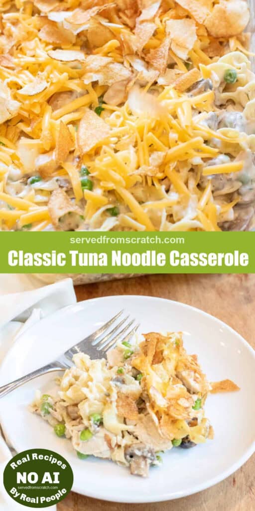 a baking tray of cooked casserole and potato chips with Pinterest pin text and a plate of tuna noodle casserole with a fork with NO AI sticker.