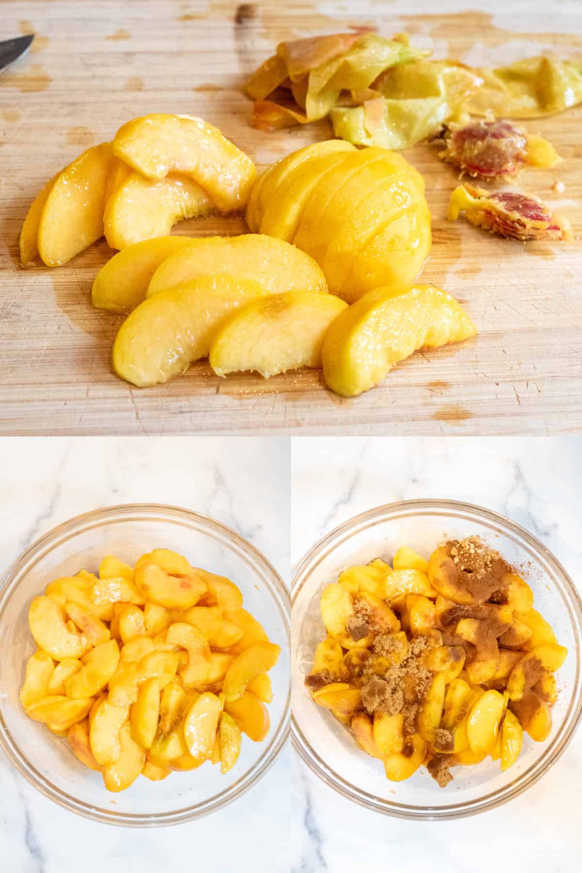 a cutting board with peeled and sliced peaches and two bowls of sliced peaches one with slices and one with spices added.