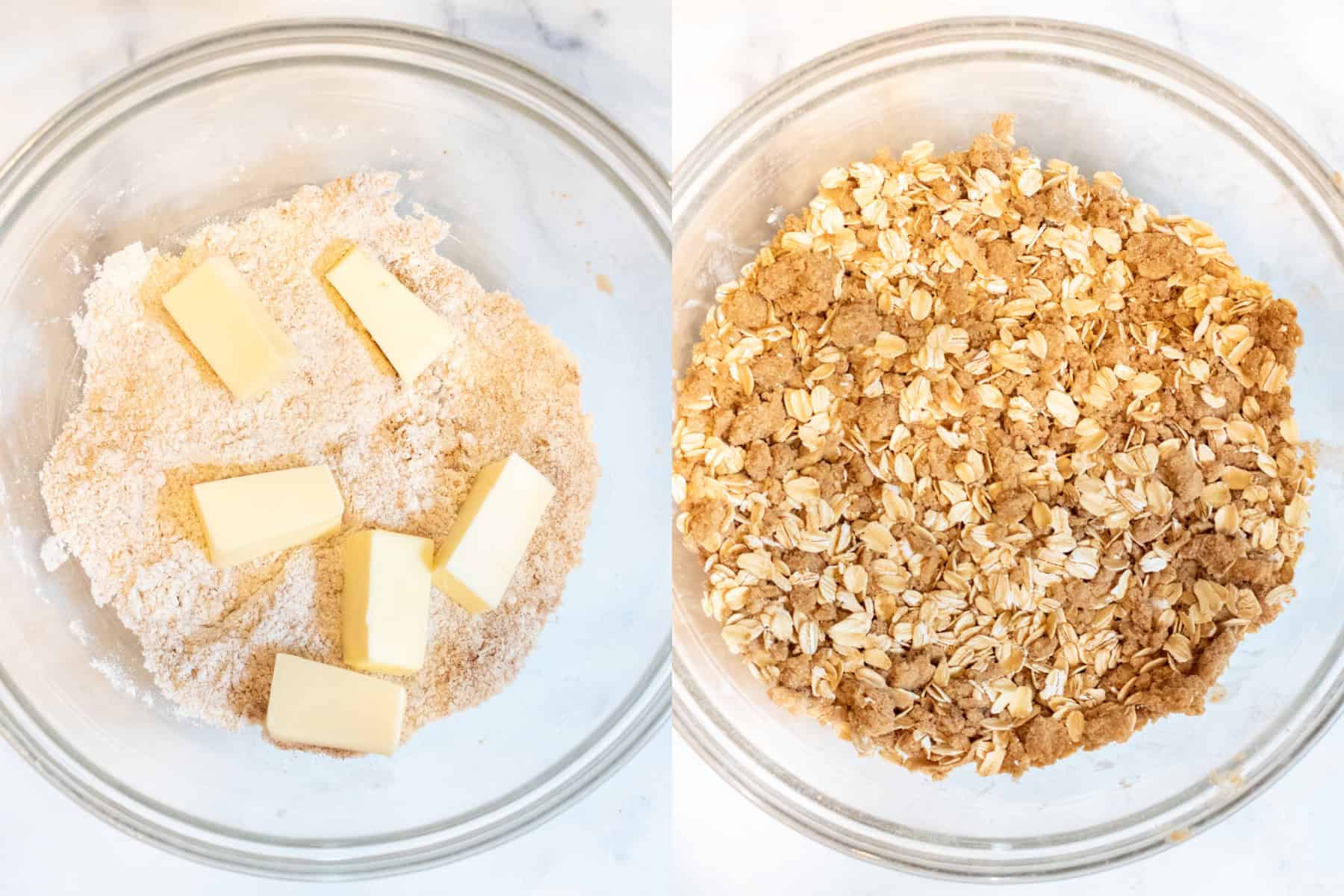 a bowl of butter and flour and sugar and then a picture of a bowl of it all crumbled together.