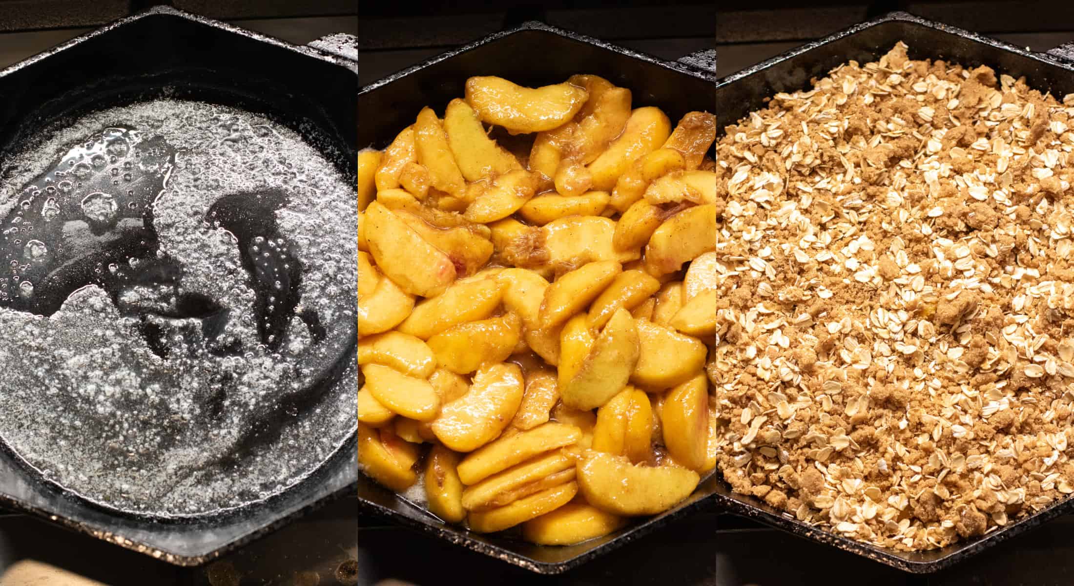 3 pictures of cast iron skillets one with melted butter, with peaches, and then with crumble topping.
