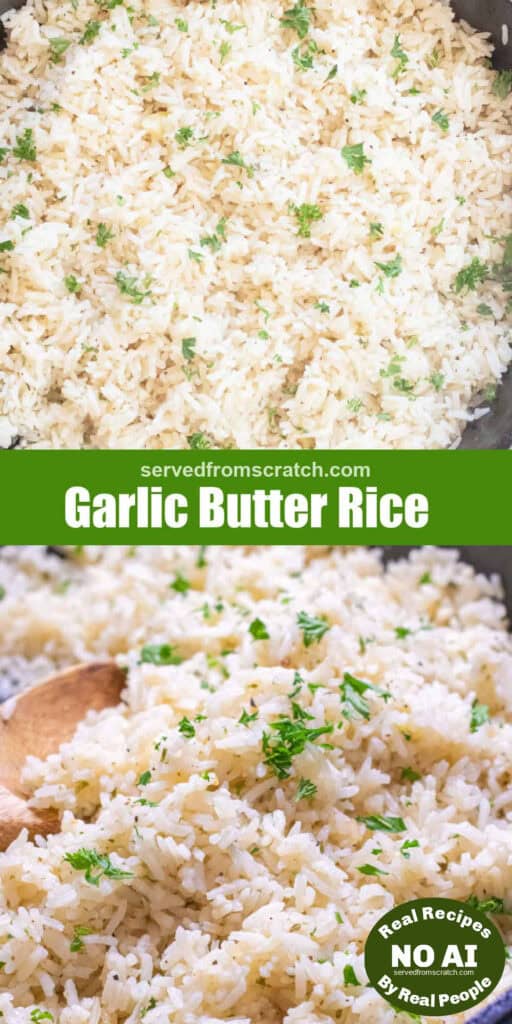 a cast iron of cooked white rice with parsley and a wooden spoon with Pinterest pin text and an overhead of the cast iron of cooked rice with NO AI sticker.