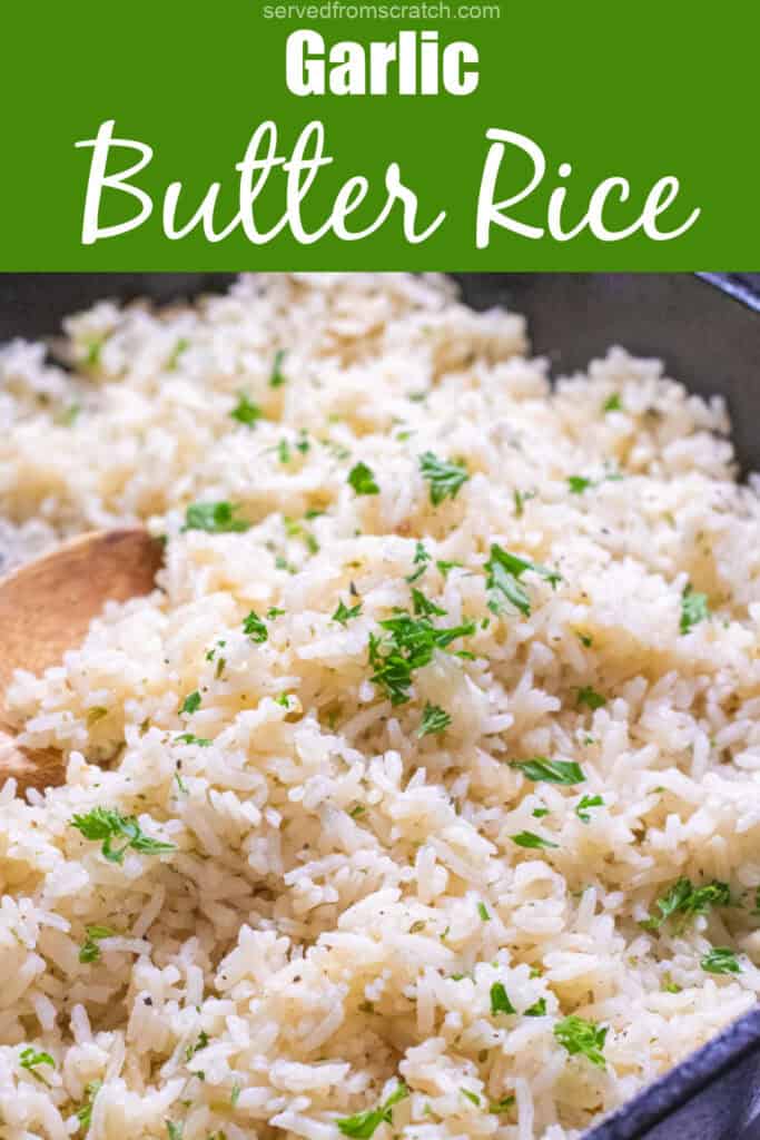 a cast iron of cooked white rice with parsley and a wooden spoon with Pinterest pin text.