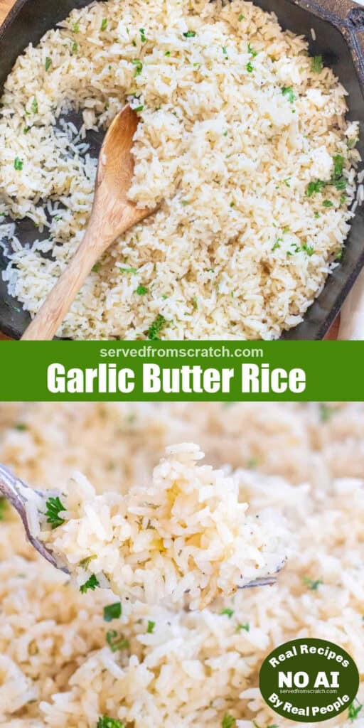 a cast iron of cooked white rice with parsley and a wooden spoon with Pinterest pin text and a fork holding up some of the rice with NO AI sticker.