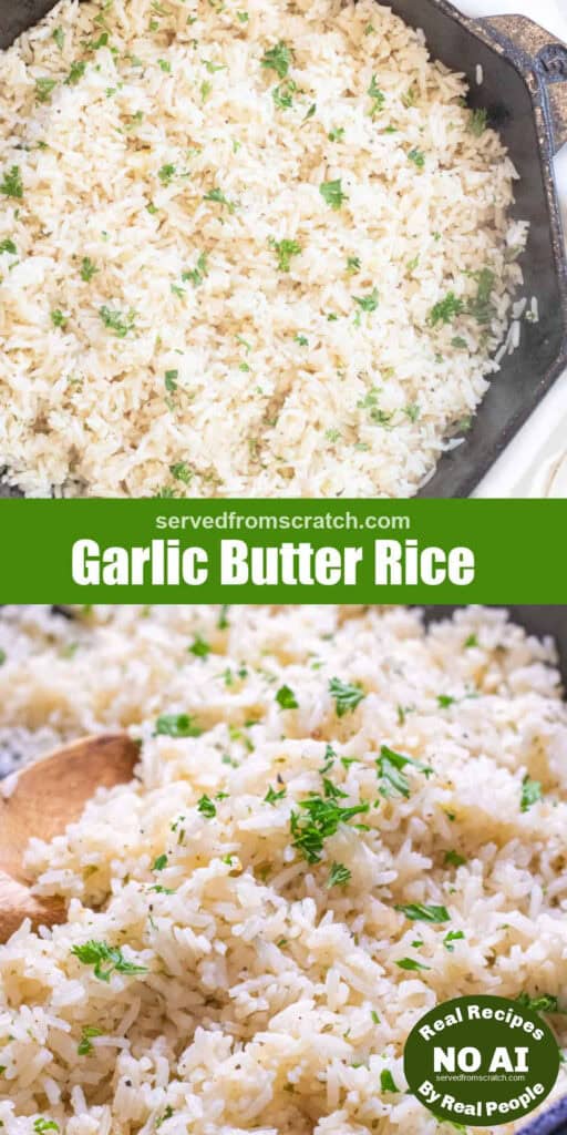 a cast iron of cooked white rice with parsley and a wooden spoon with Pinterest pin text and an overhead of the cast iron of cooked rice with NO AI sticker.